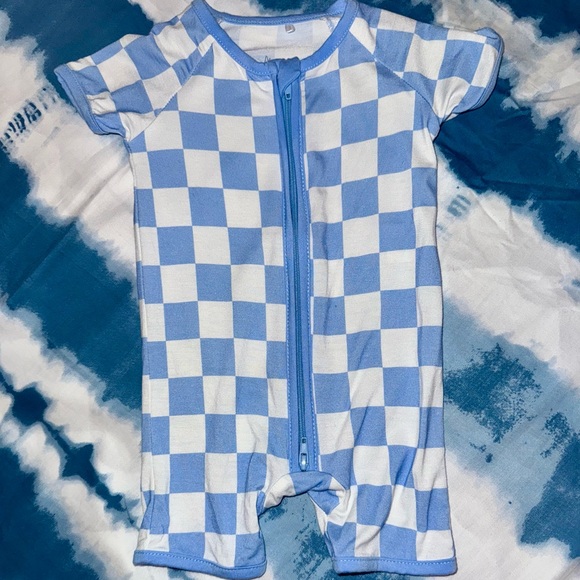 Bamboo Blue and White Checkered Romper - Picture 1 of 2